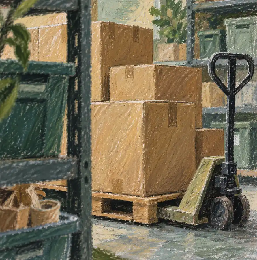 Illustration of warehouse businesses equipment and workspace