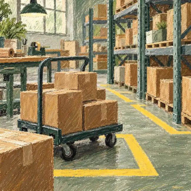 Illustration of warehouse businesses equipment and workspace